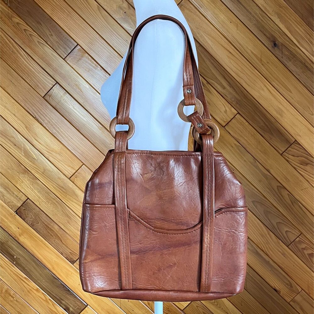 Vintage 70s/80s Vinyl and Wood Convertible Crossbody Purse Handbag